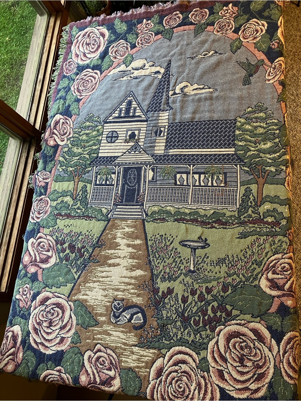 vintage tapestry blanket woven throw with fringe garden country house